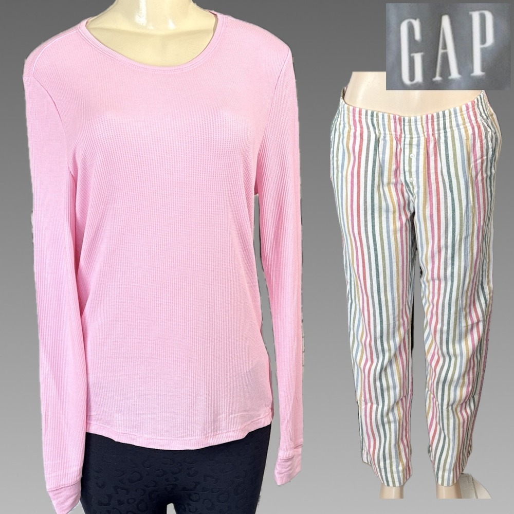 Gap Womens L Flannel Pajama Set Pink Waffle Knit Top Striped Pants Pockets NWT